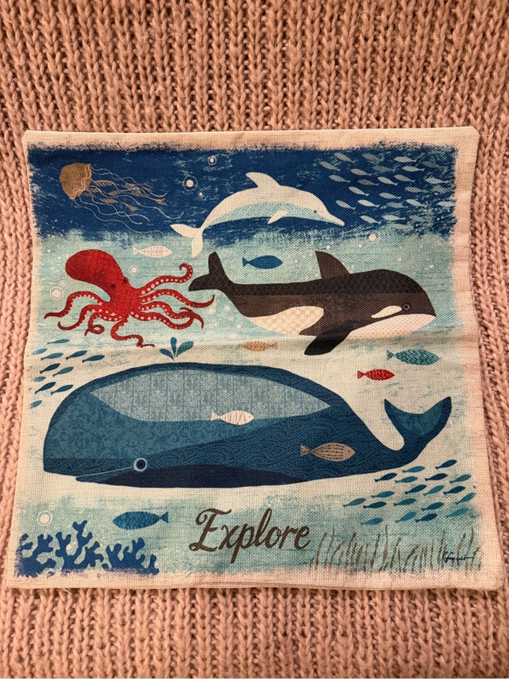 Ocean Creatures Cotton Pillow Case Cover - Blue Whale & Orca Design